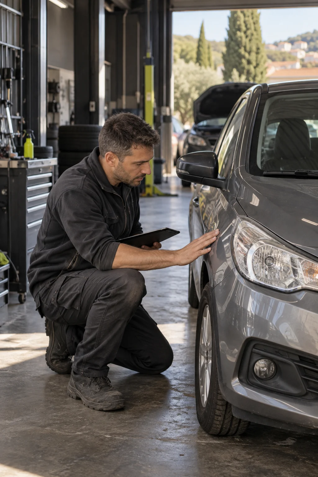 Professionnel automobile inspectant la carrosserie d’un véhicule d’occasion dans un atelier